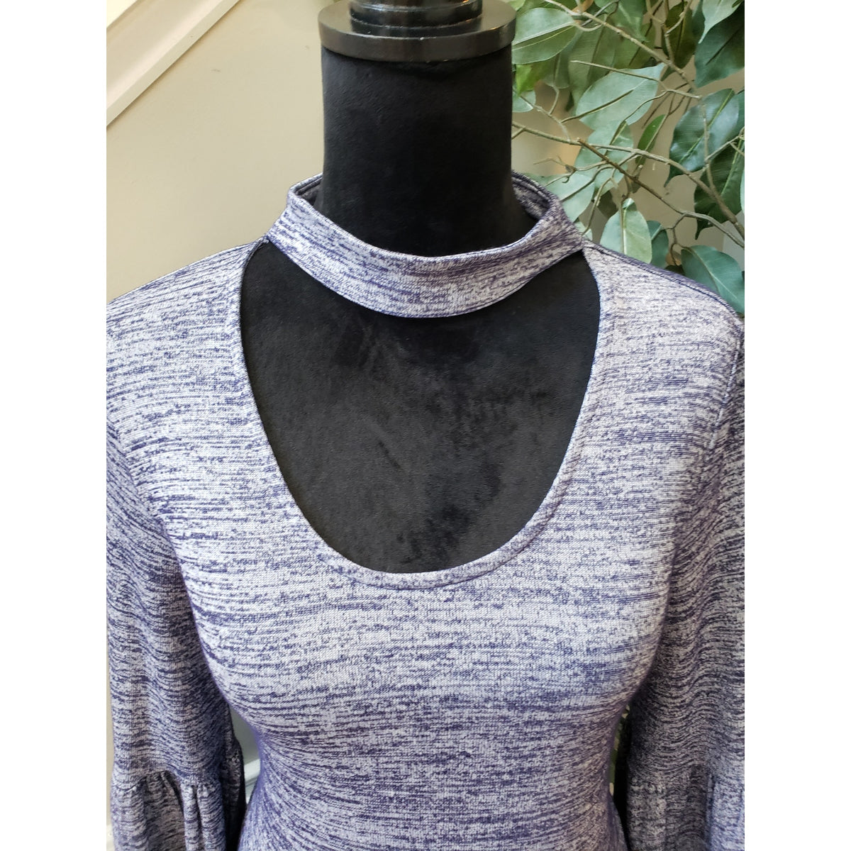 Kensie Mini Dress Women's Small Heather Purple Bell Sleeve Choker Neck Pullover