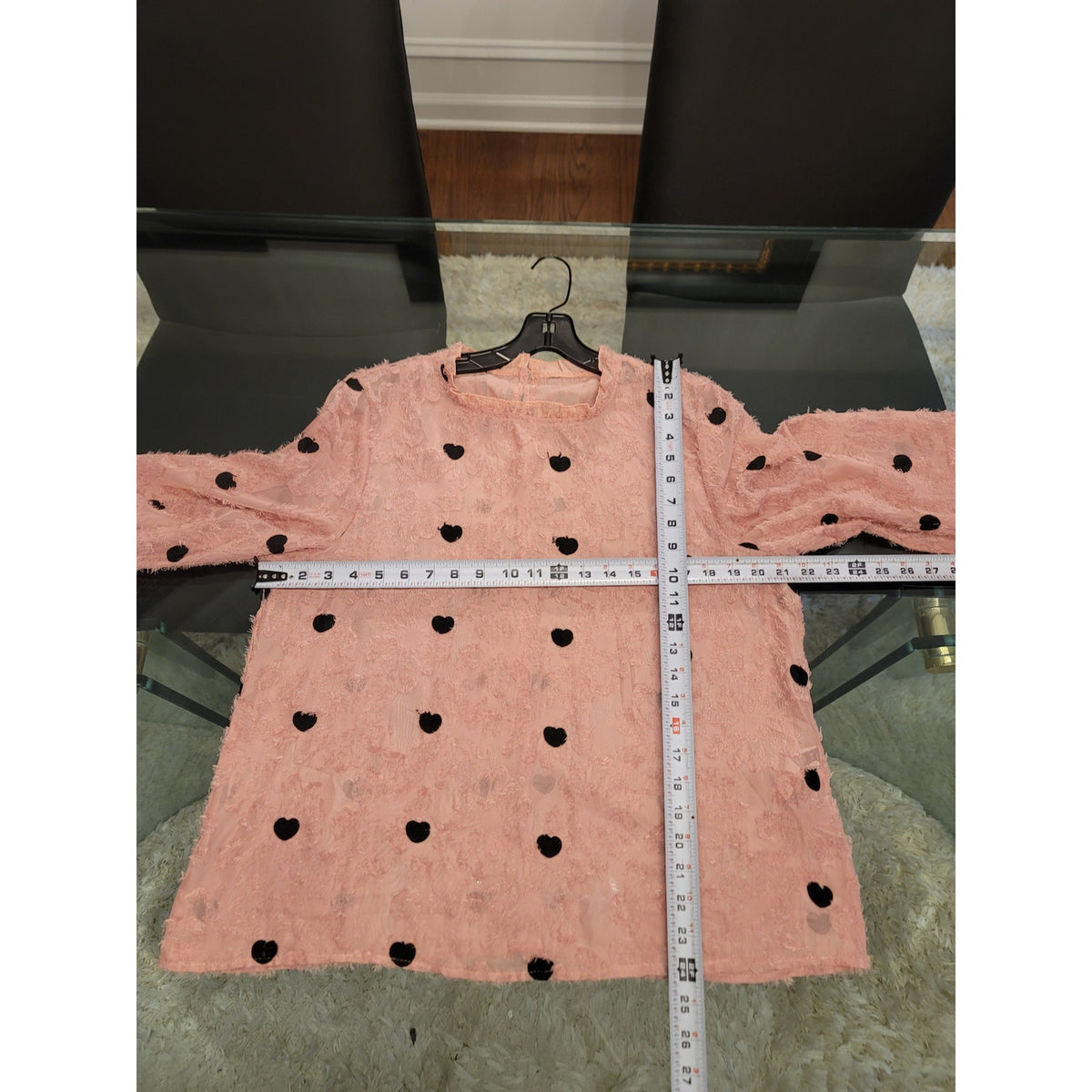Shein Blouse Women's XL Pink Black Textured Heart Ruffle Crew Balloon Sleeve