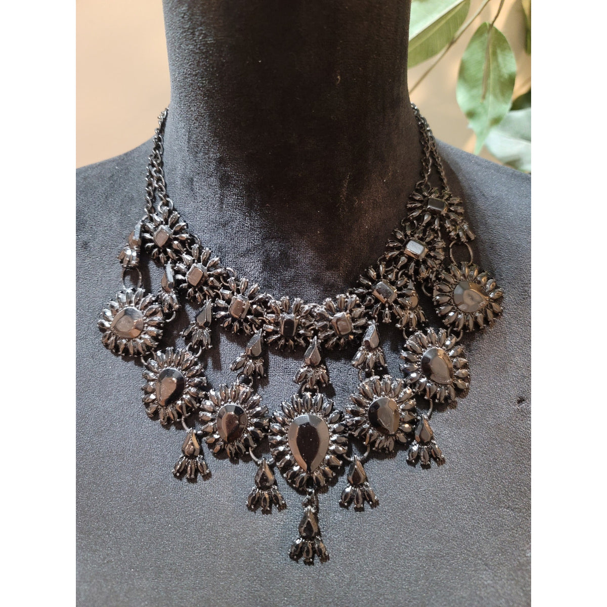 Women's Black Statement Bib Necklace With Lobster Clasp Elegant Evening Jewelry