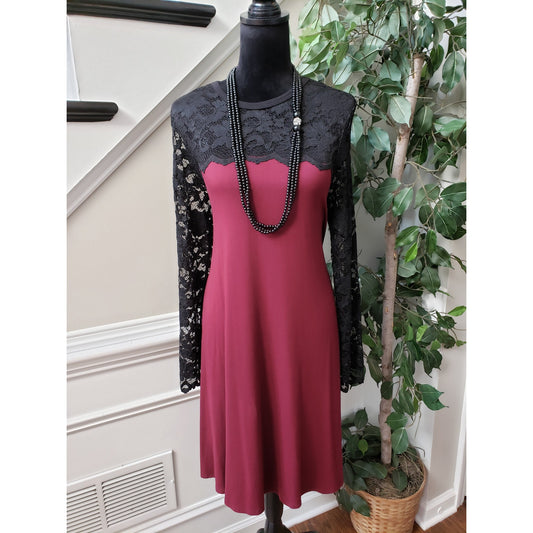 Karen Kane Sheath Dress Womens L Burgundy Black Lace Sleeve Round Neck Pullover