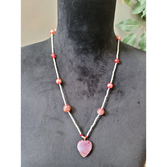 Women's Beaded Necklace With Pink Heart Pendant And Barrel Screw Lock Closure
