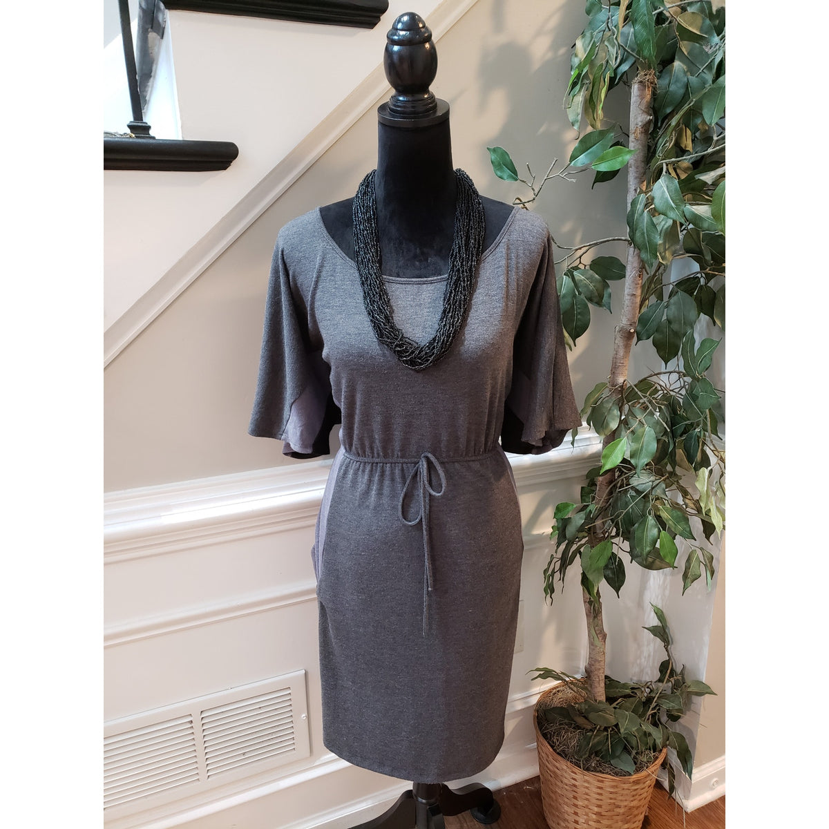 Delirious Dress Women 3X Gray Knit Short Sleeve Tie Waist Pocket Lounge
