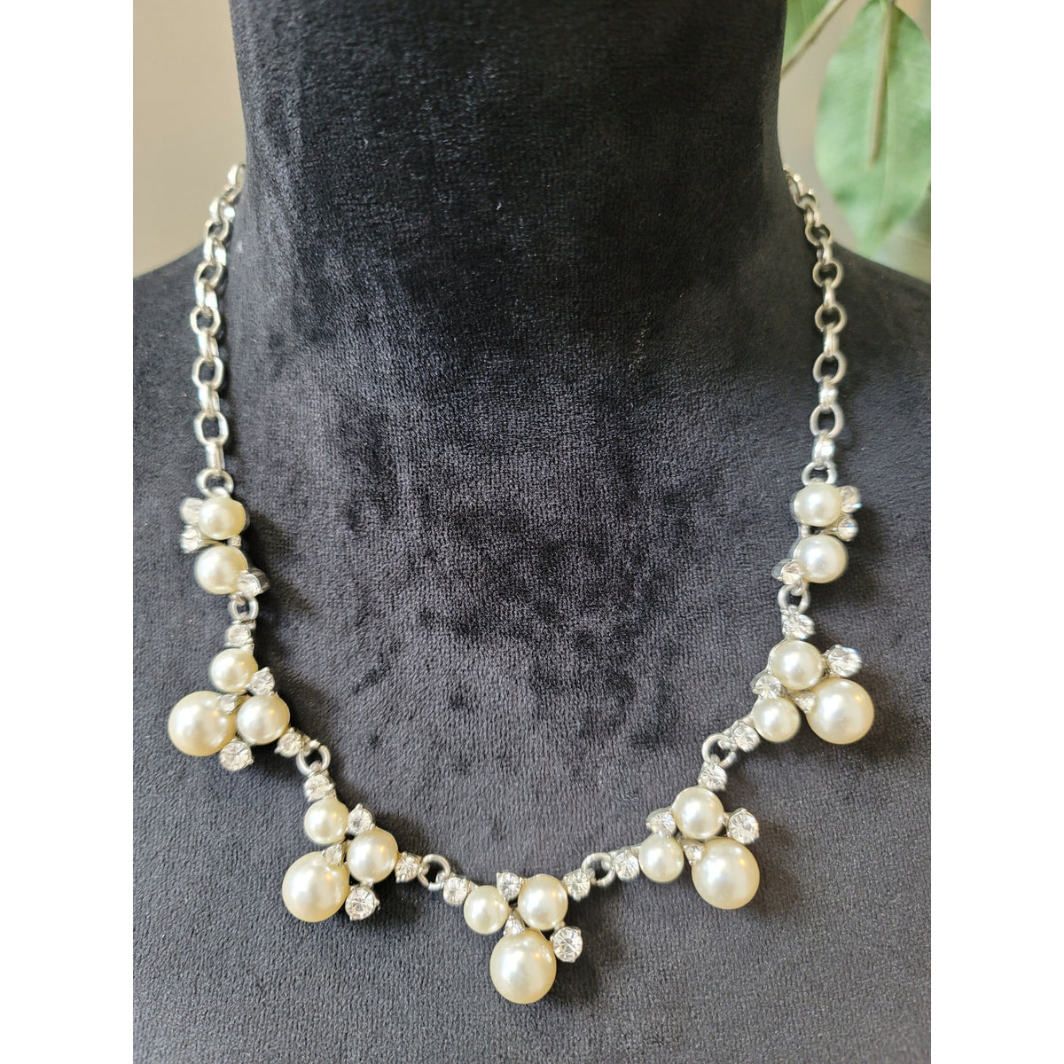 Women Silver Statement Necklace With Pearl And Rhinestone Clusters Lobster Clasp