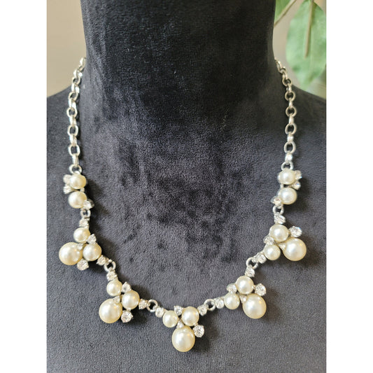 Women Silver Statement Necklace With Pearl And Rhinestone Clusters Lobster Clasp