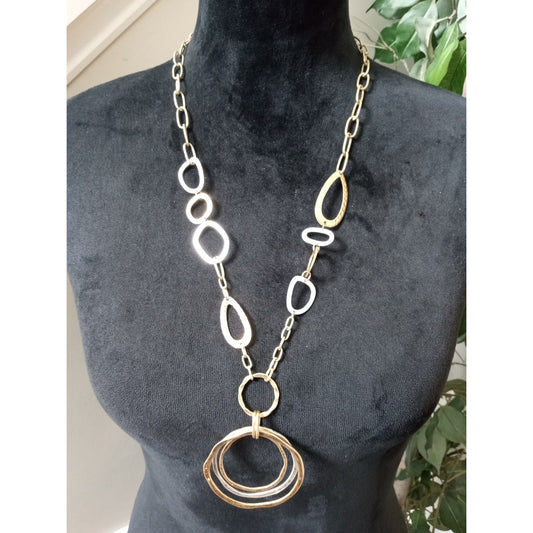 Gold Tone Geometric Circle Pendant Necklace Modern Open Link Statement Long Chain