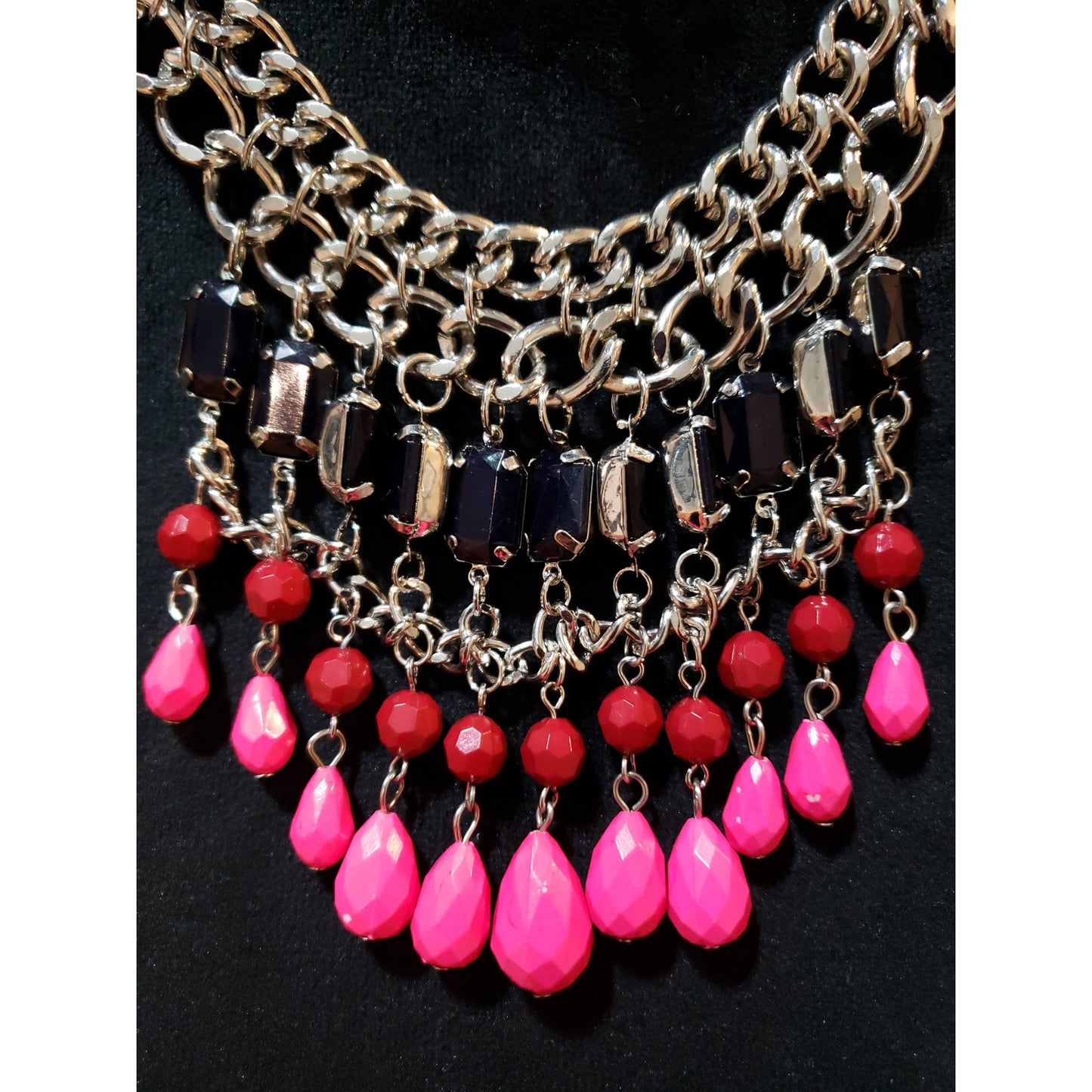 Womens Silver Tone Multi Acrylic Beaded Tiered Bib Statement Necklace Jewelry