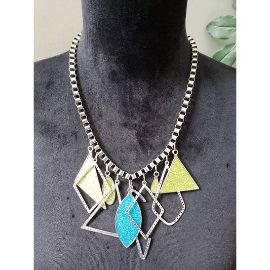 Women's Geometric Statement Necklace Glitter Blue Yellow Green Silver Link Chain