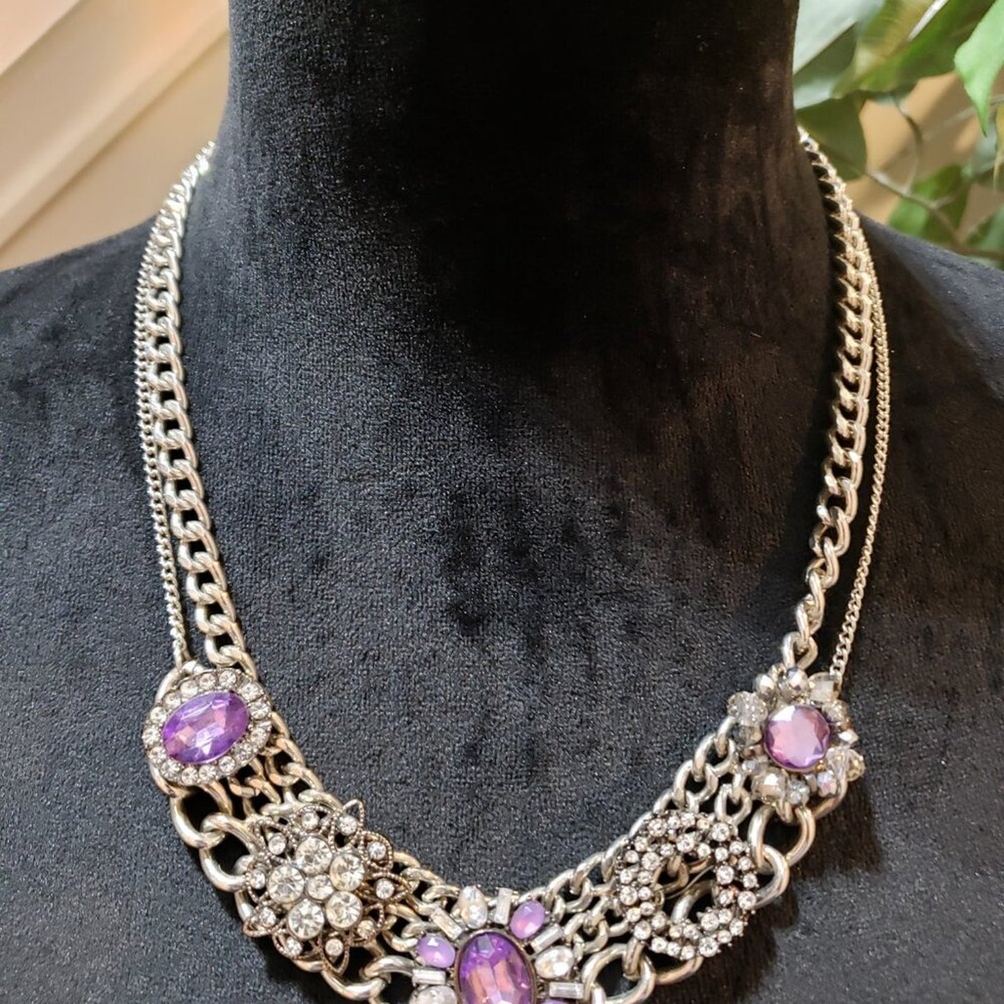 Womens Silver Amethyst & Rhinestone Double Chain Collar Necklace Lobster Clasp