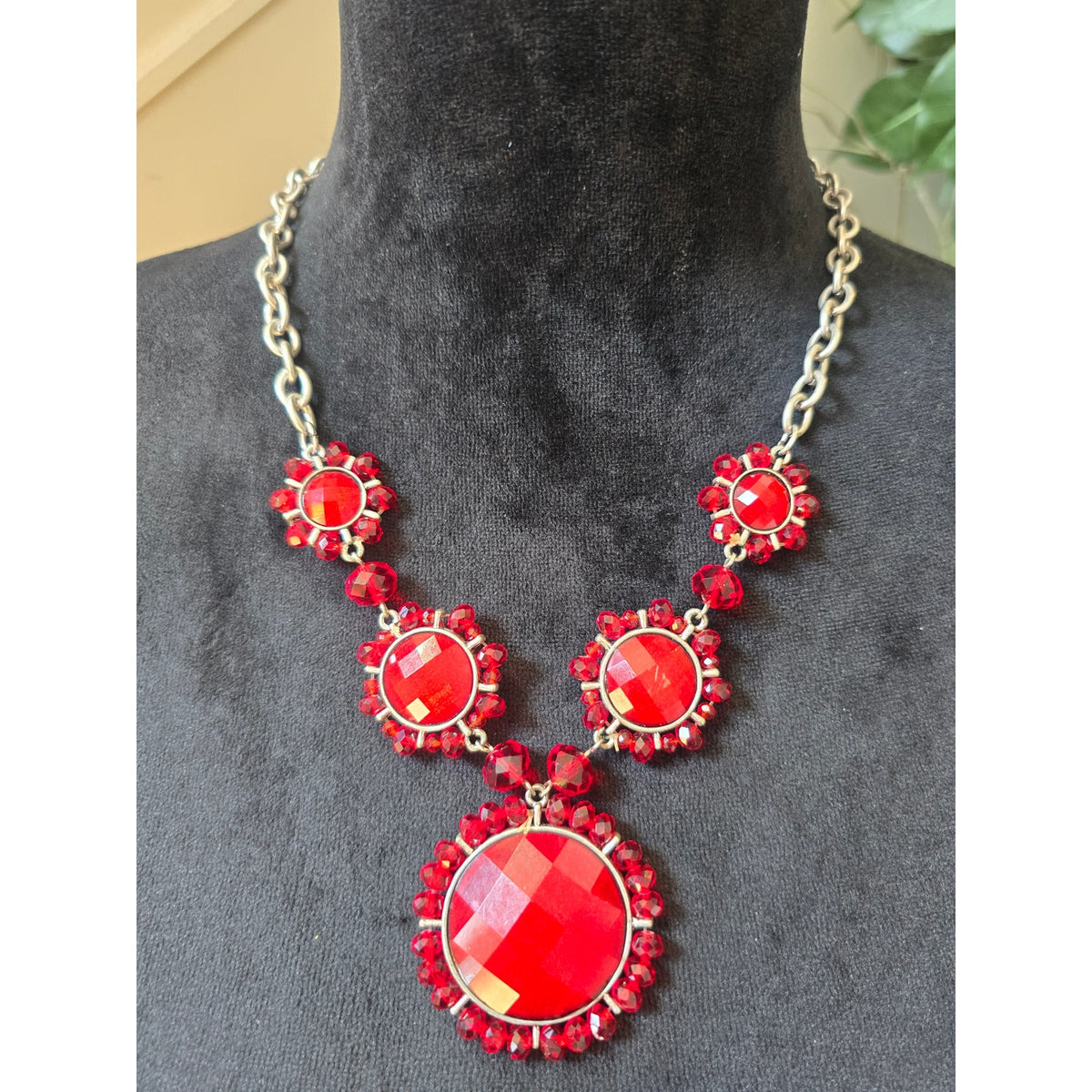 Silver Tone Red Rhinestone Bib Statement Necklace