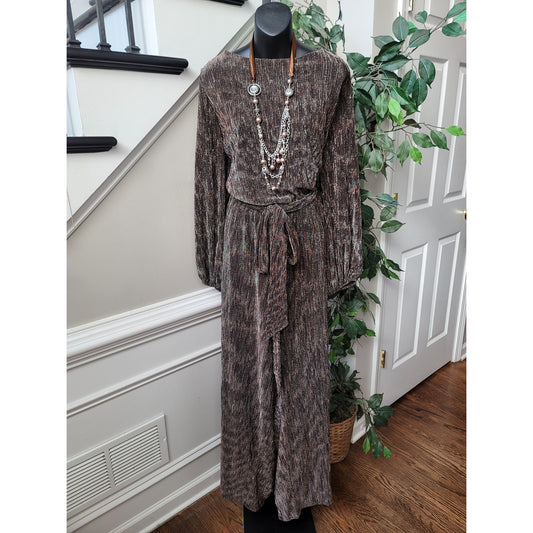 Lane Bryant Jumpsuit Women Size 26/28 Brown Metallic Wide Leg Long Sleeve Belted