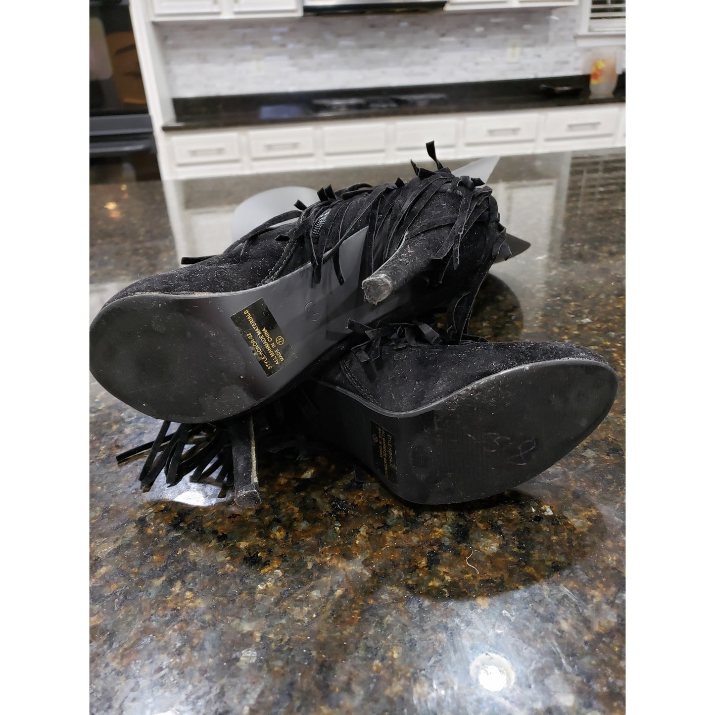 Forever Fringe Booties Women's 7.5 Black Suede Round Toe Stiletto Heel Side Zip