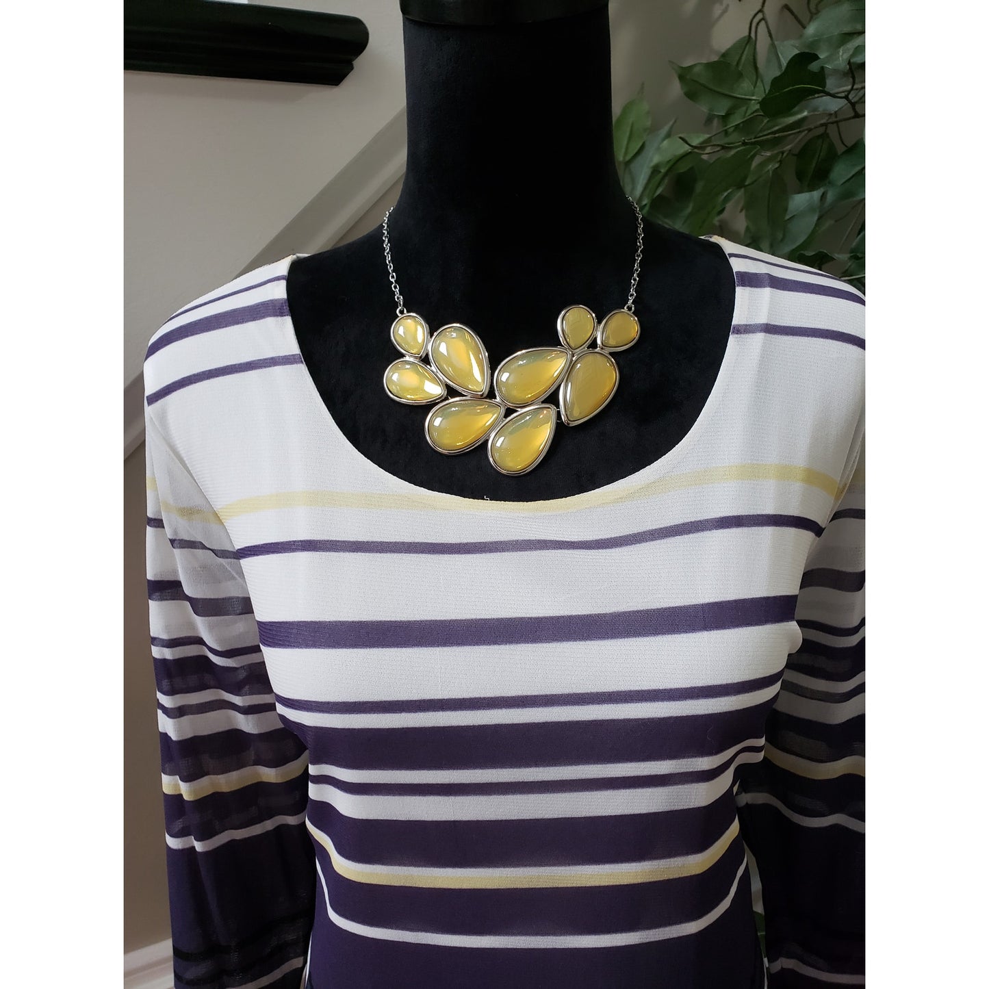 Alfani Top Blouse Women's Size XL White & Purple Striped Long Sleeve Round Neck