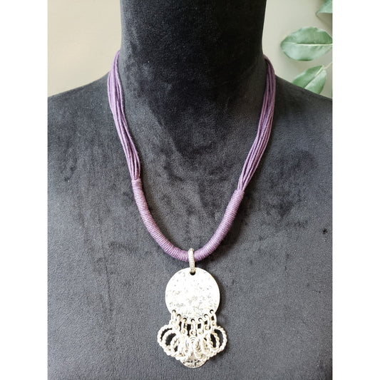 Women's Purple Thread Multi Strand Necklace Silver Rings Pendant Extension Clasp