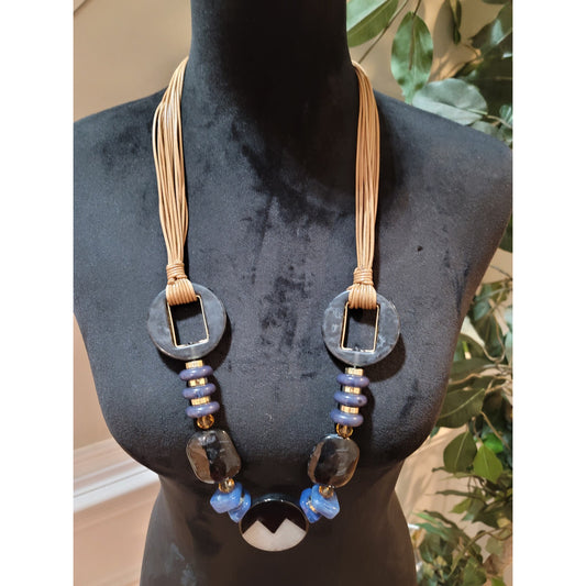 Women's Statement Beaded Necklace With Blue Resin Pendant And Lobster Clasp Lock