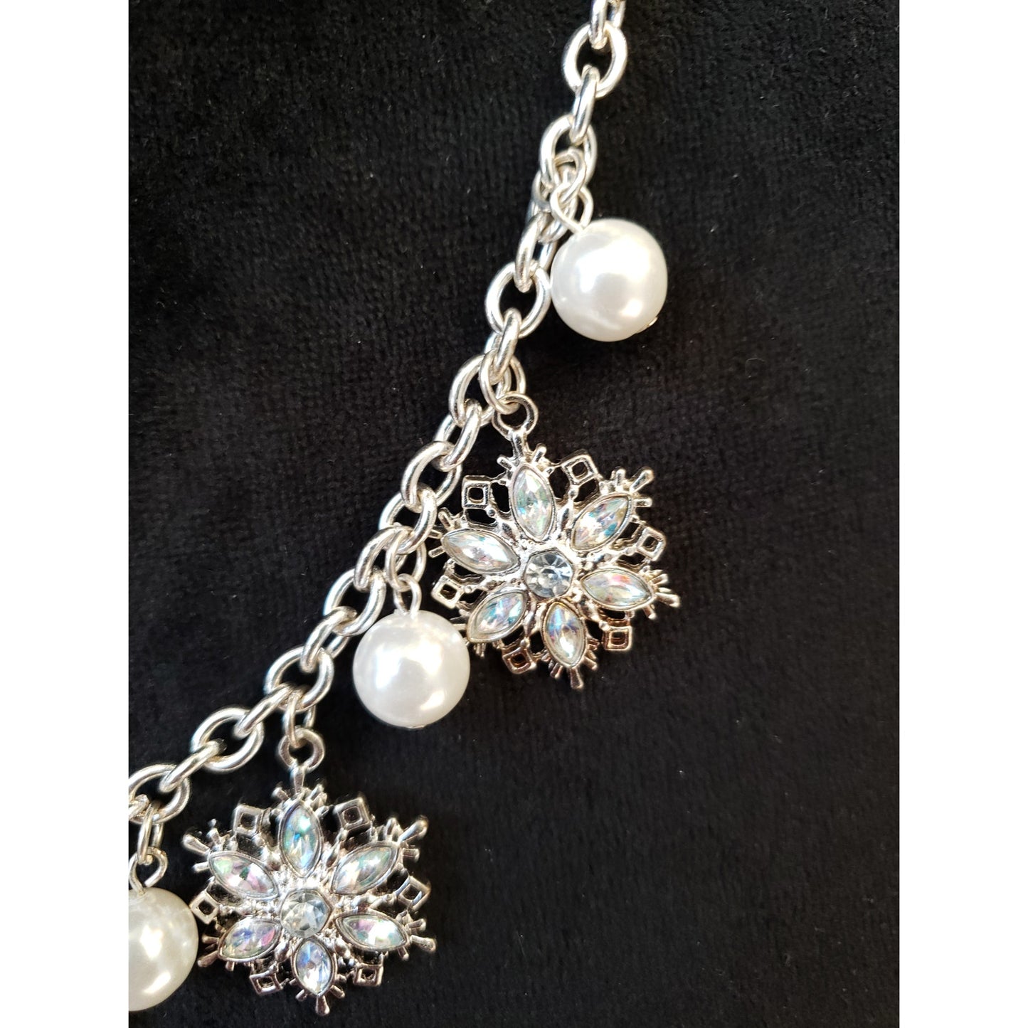 Silver Snowflake Charm Necklace with Faux Pearls and Crystals Adjustable Chain