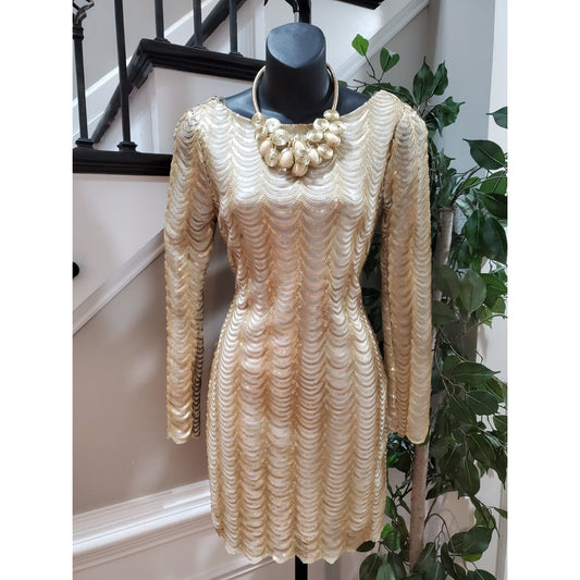 Charlotte Russe Women's Beige Sequin Boat Neck Long Sleeve Knee Length Dress S
