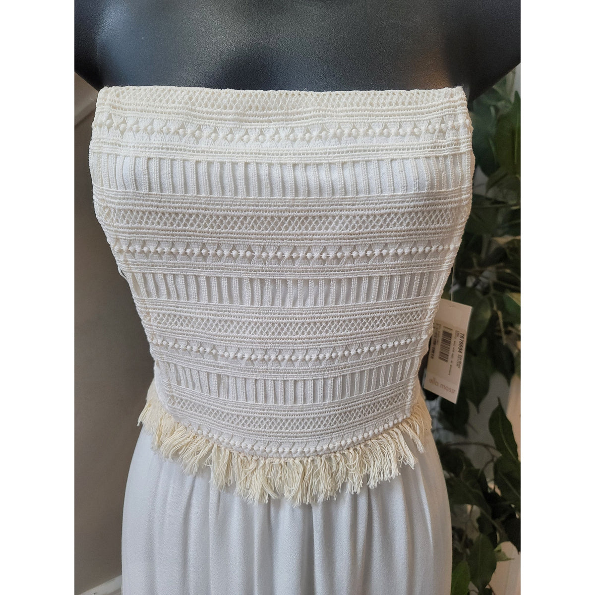 Ella Mass Lilita Strapless Maxi Dress Womens Size Medium White Lace Fringe Party