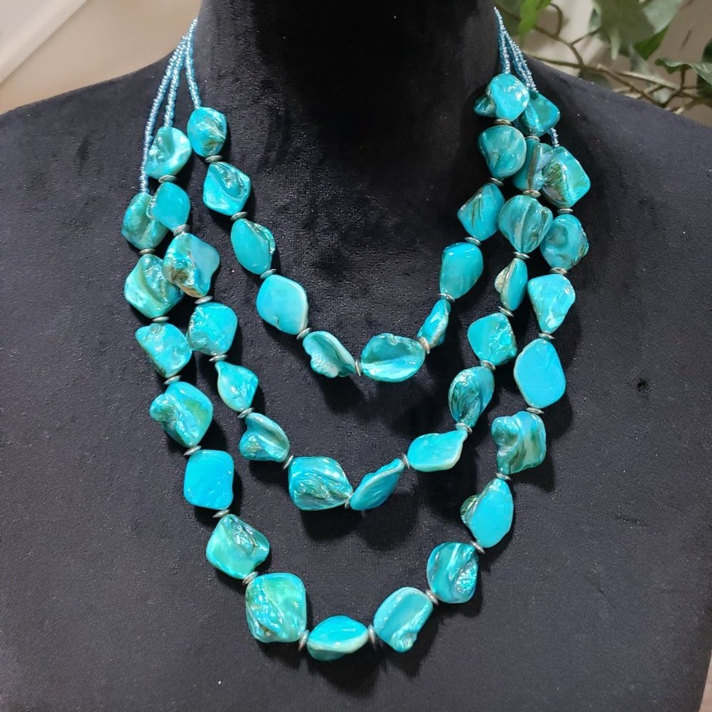 Women Fashion Blue Irregular Turquoise Trible Strand Necklace with Lobster Clasp