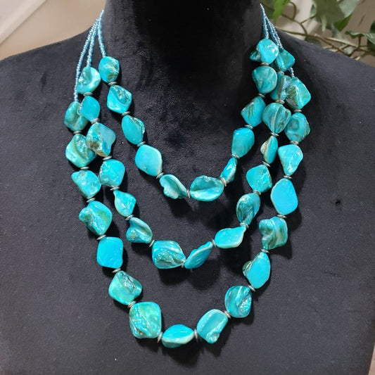 Women Fashion Blue Irregular Turquoise Trible Strand Necklace with Lobster Clasp
