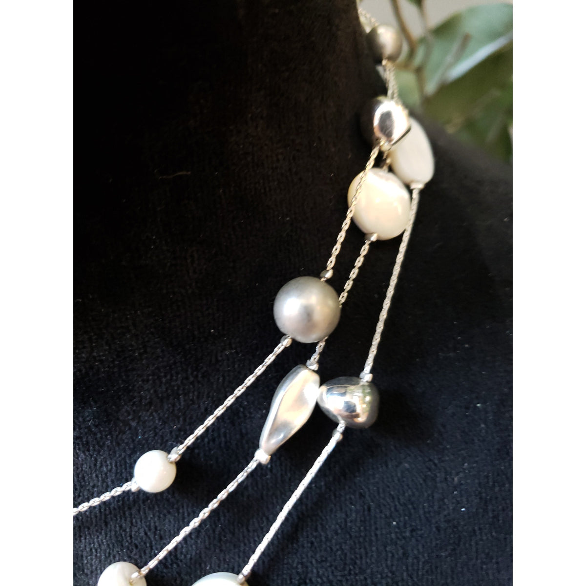 Womens 3 Strand Silver Tone Faux Pearl Abolan Shell Blister Pearl Bib Necklace