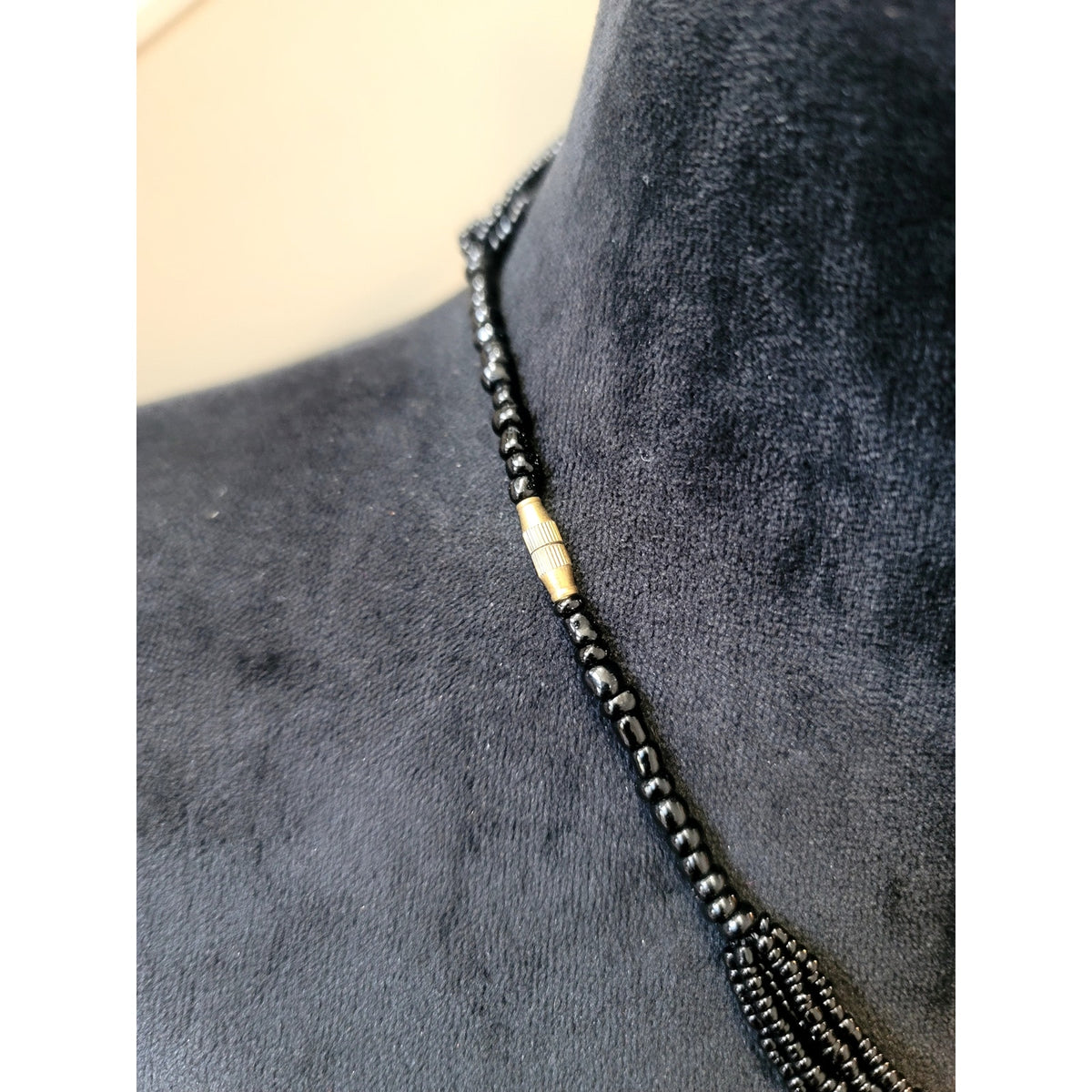 Black Seed Bead Tassel Necklace Wood Barrel Pendant Boho Tribal Statement 22"