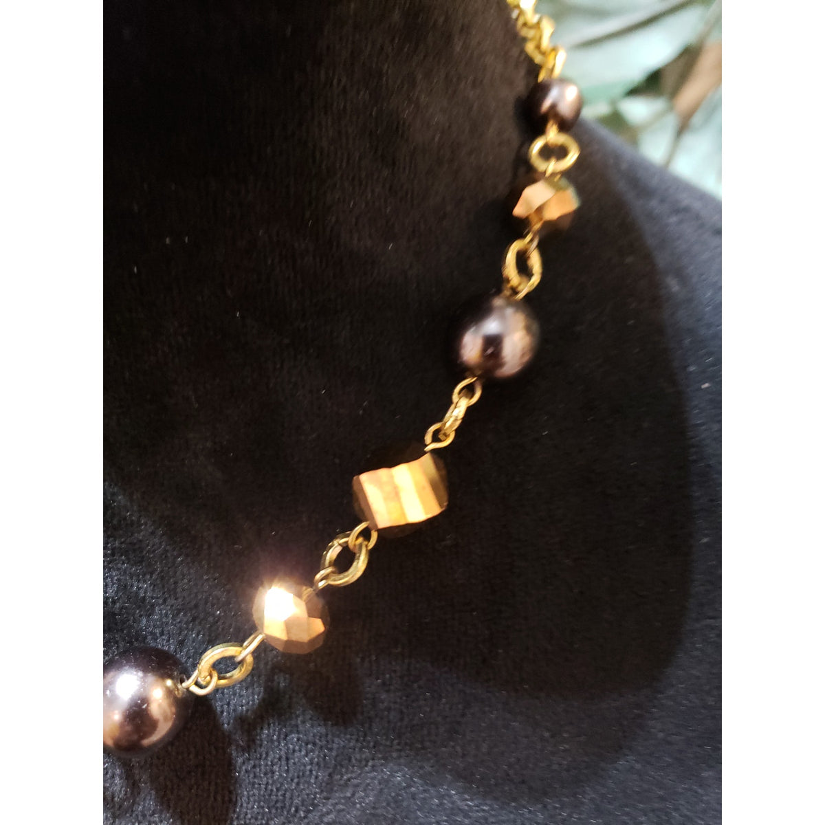 Womens Gold Metallic Round and Square Beads with Brown Necklace