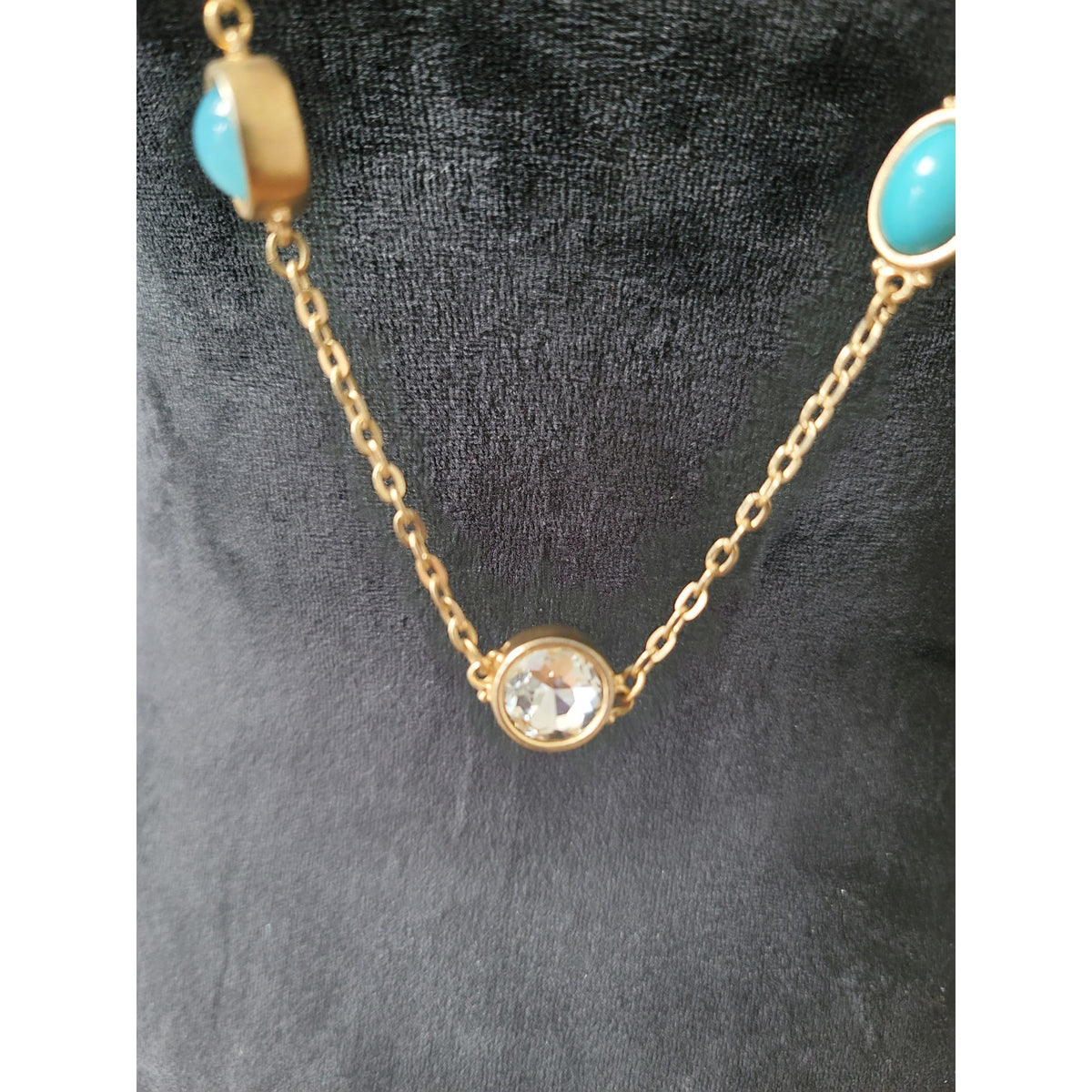 Women's Gold Chain Necklace With Turquoise And Crystal Stones Lobster Clasp Lock