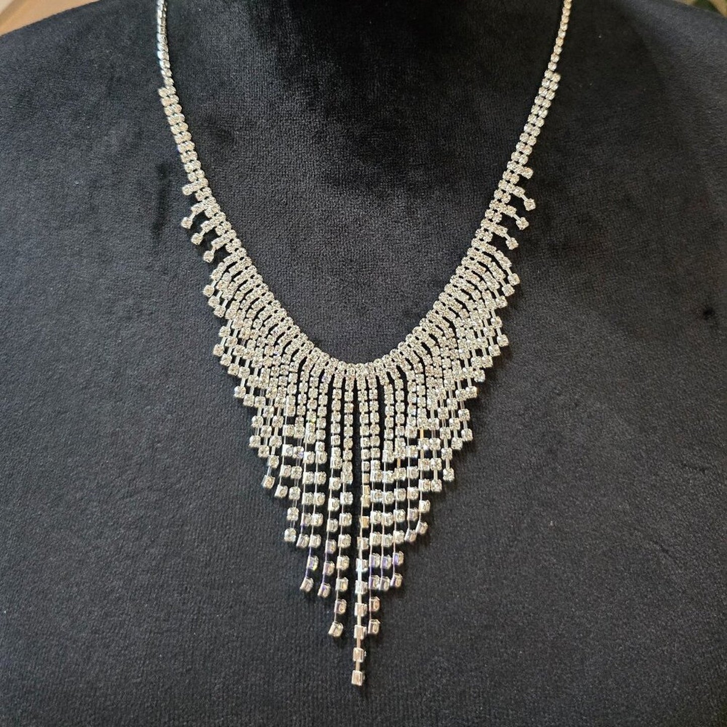 Women's Bling Silver Base Inlaid Rhinestone Drop Tassel Bib Statement Necklace