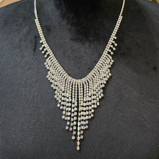 Women's Bling Silver Base Inlaid Rhinestone Drop Tassel Bib Statement Necklace