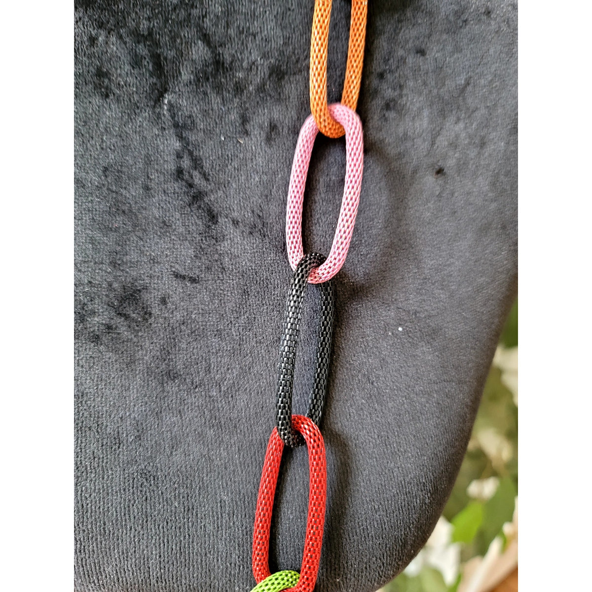 Colorful Fabric Wrapped Oval Link Long Necklace Lightweight Boho Statement