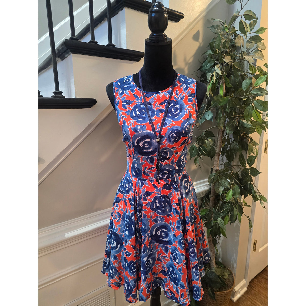 Maison Jules Skater Dress Women's Dress Small Red/Blue Floral Lined Back Zipper