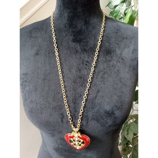 Red Enamel Heart Pendant Necklace Gold Tone Filigree Romantic Valentine Gift