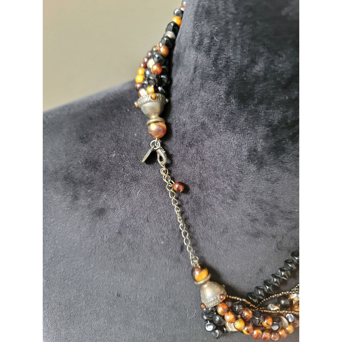 Chico's Women's Multi Strand Beaded Necklace Black Brown Gold Tones Lobster Clasp