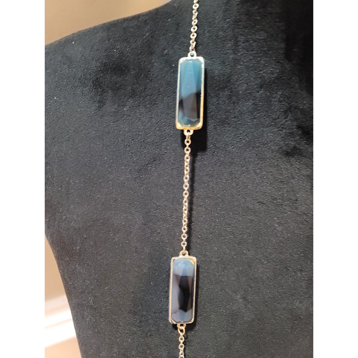 Women’s Gold Tone Long Chain Necklace With Blue Rectangular Stones Lobster Lock