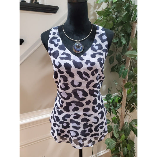 Cabi Womens Purple Black Animal Print V-Neck Sleeveless Casual Top Blouse Small