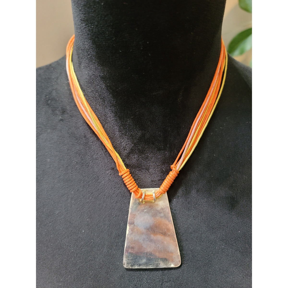Women Statement Necklace w Earring Set Orange Geometric Pendant Multistrand Cord