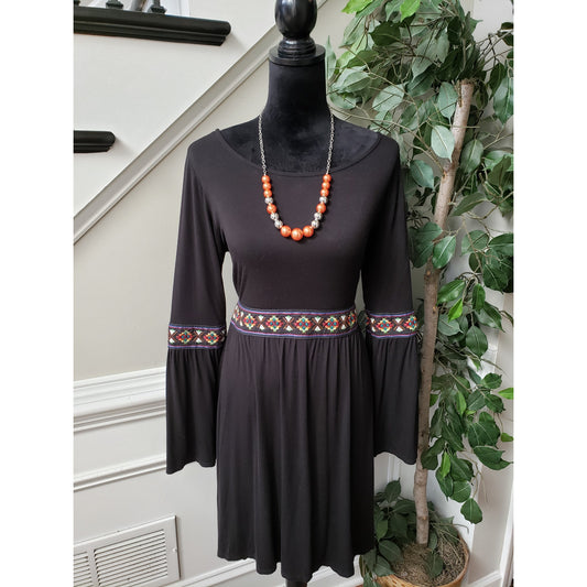 Peppermint Fit & Flare Dress Women M Black Rayon Embroidered Belted Boat Neck