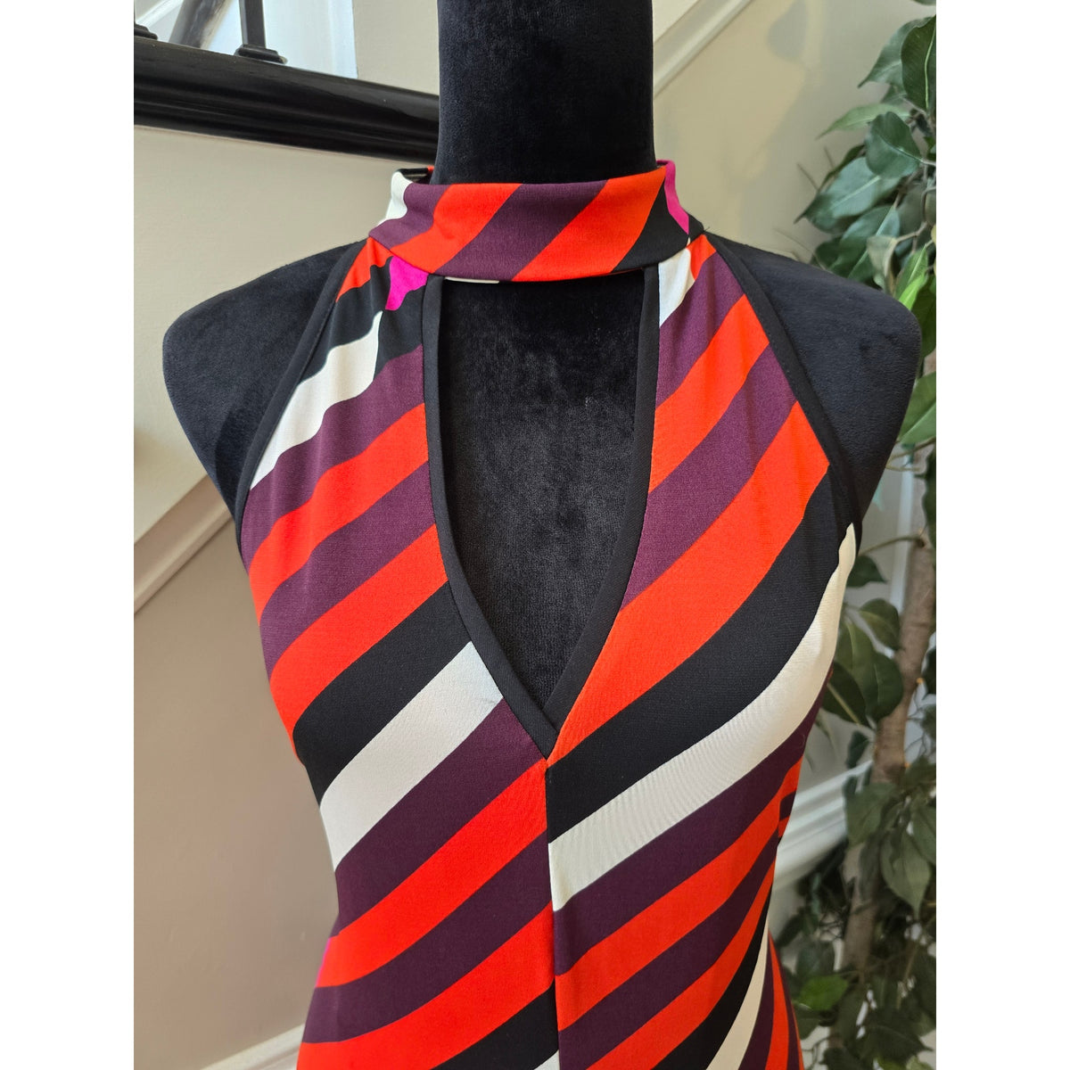 Boston Proper Sheath Dress Women's SZ 12 Multicolor Striped Keyhole Halter Neck