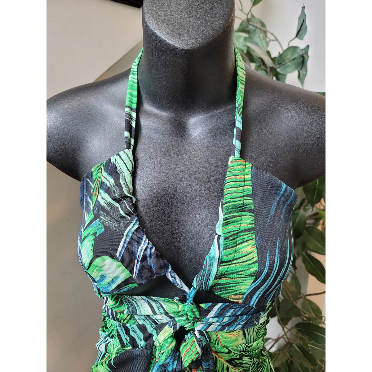 Shein Maxi Dress Women Small Green Black Tropical Halter Boho Summer Beachwear