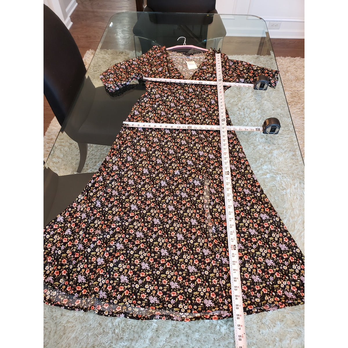 Forever 21 Long Maxi Dress Womens 1X Black Floral High Thigh Slit Plunge V Neck
