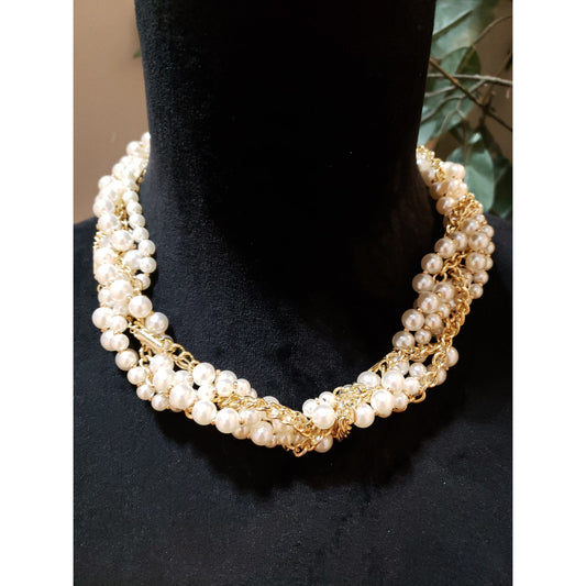 Women Gold Tone Layered Ivory Faux Pearls Twisted Chains Collar Necklace Jewelry