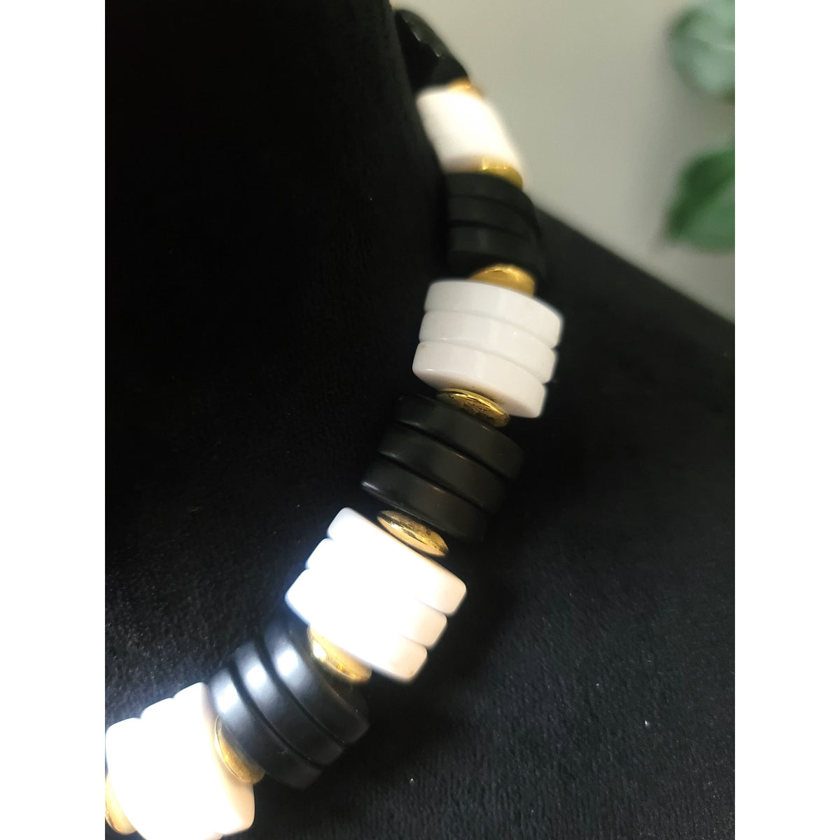 Women's Black White Beaded Necklace Gold Disc Accent Lobster Clasp Statement