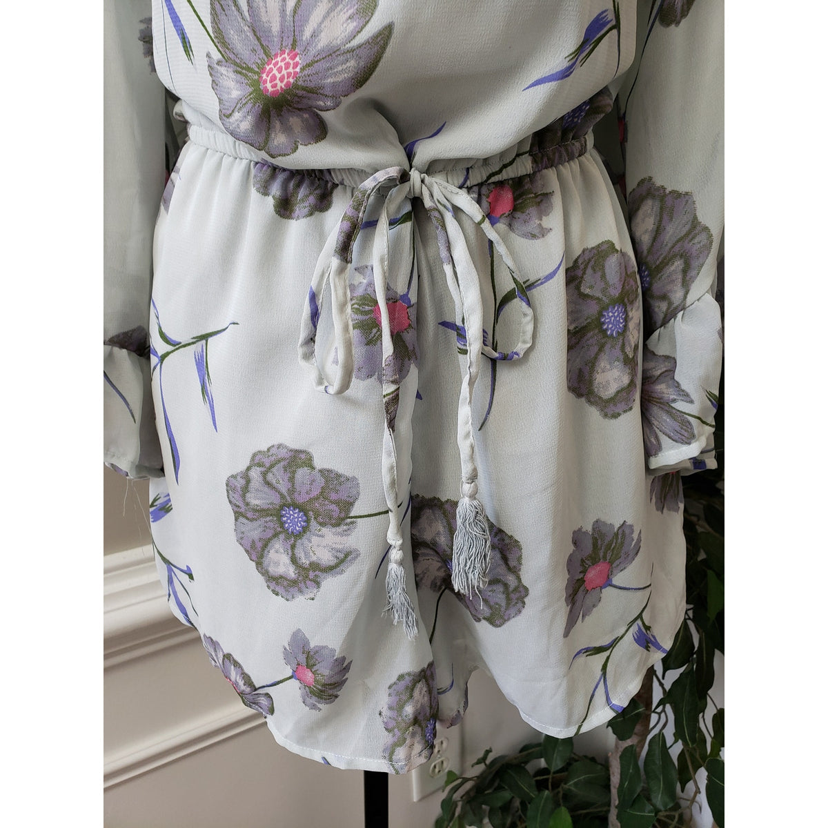 Blush Romper Women Large Gray Floral Print Off Shoulder Cinch Waist Flare Sleeve