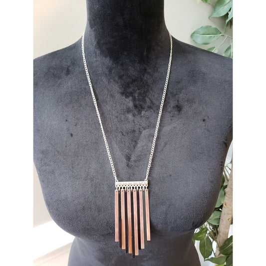 Women's Silver Black Bar Fringe Pendant Necklace Lobster Clasp Boho Statement