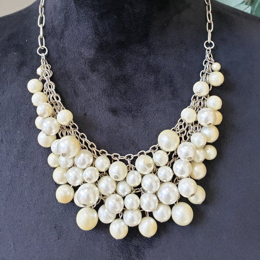 Womens Fashion White Faux Pearl Cluster Bib Necklace Jewelry with Lobster Clasp