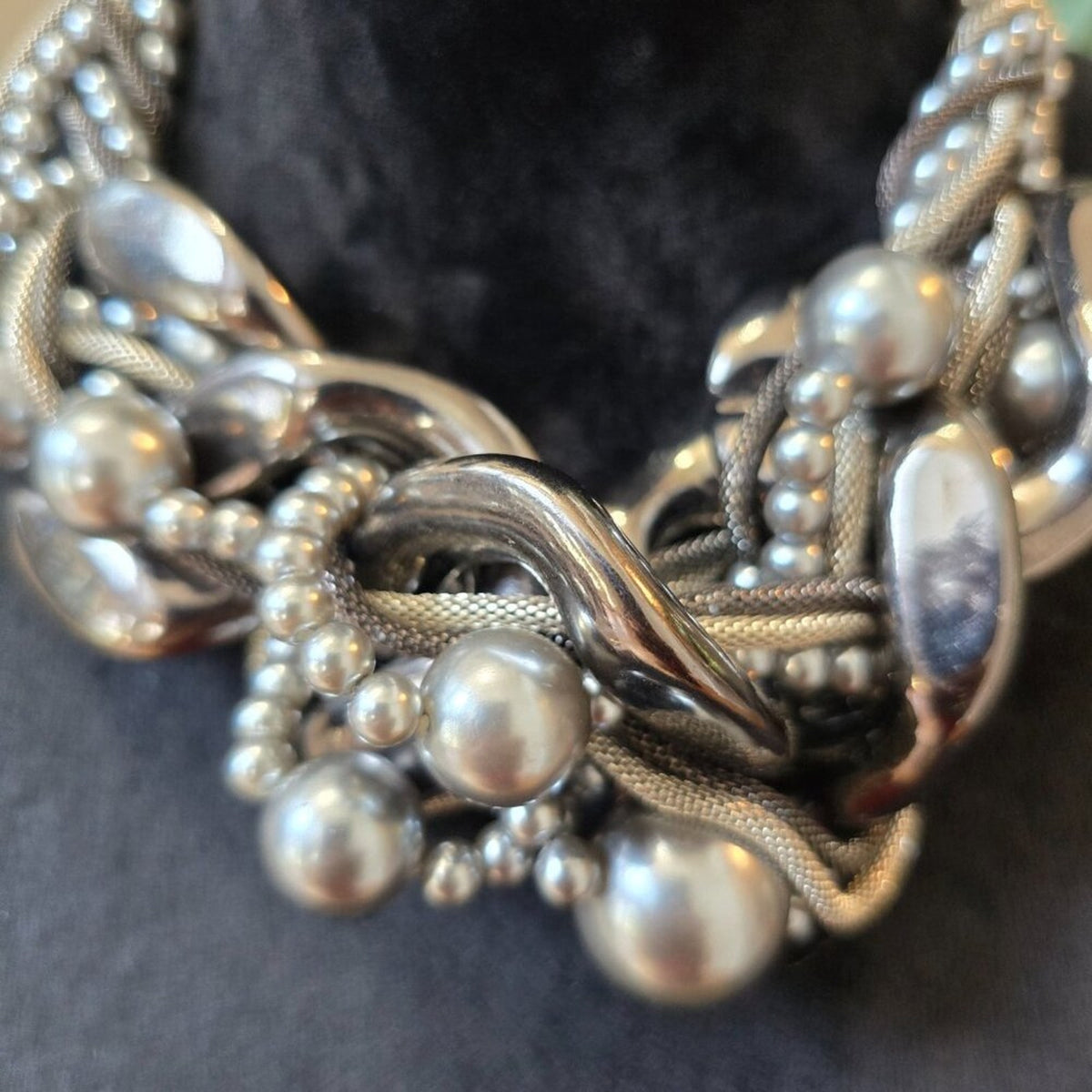 Women Silver Tone Imitation Pearl Multi Strand Braided Necklace w/ Lobster Clasp