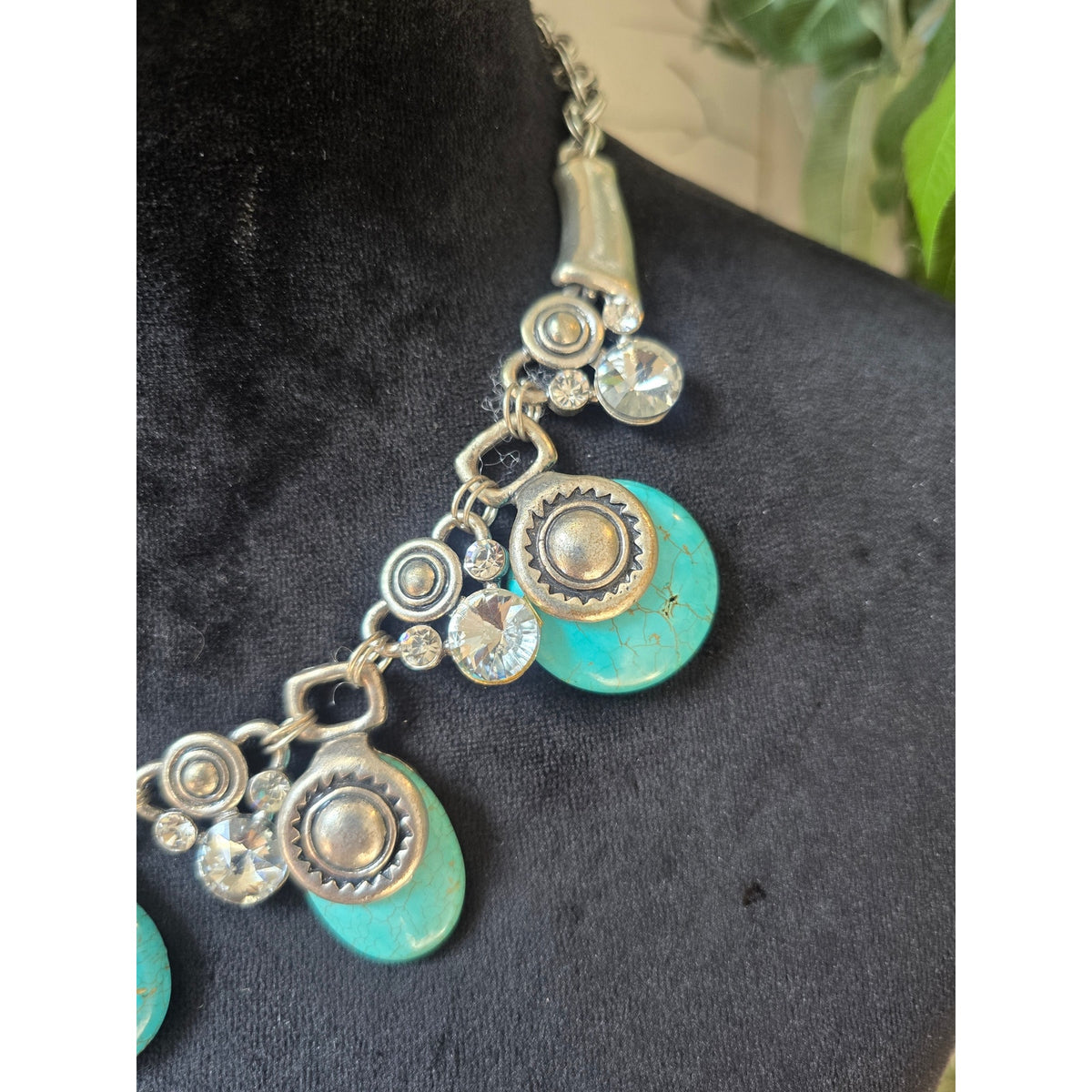 Turquoise Blue Medallion Charm Statement Necklace Silver Tone Boho