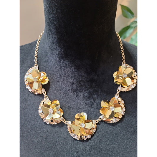Women Gold Toned Floral Statement Necklace Crystal Rhinestone Bib Chunky Fashion