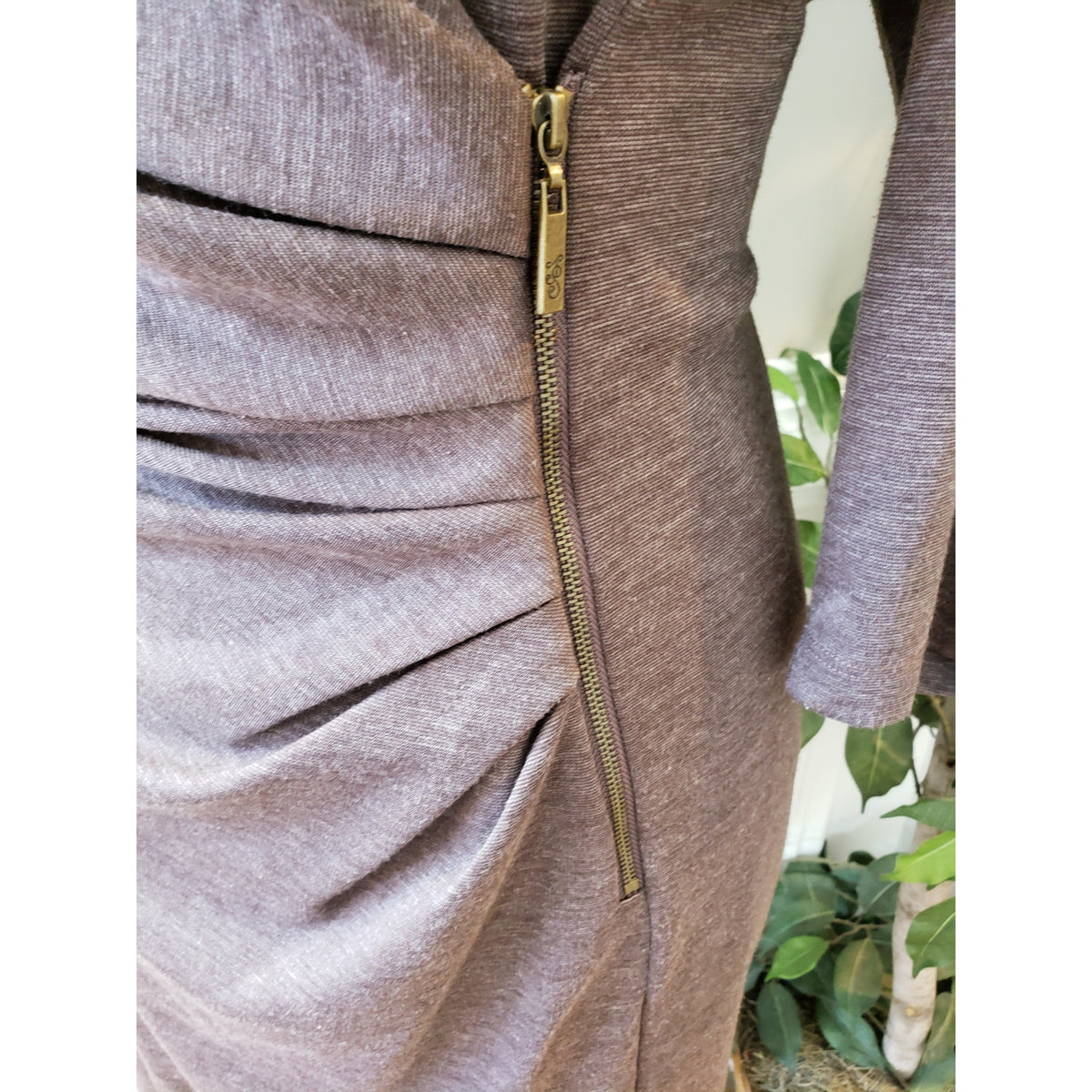 Jessica Simpson Wrap Dress Women's 12 Brown Ruched Back Zip Long Sleeve V Neck