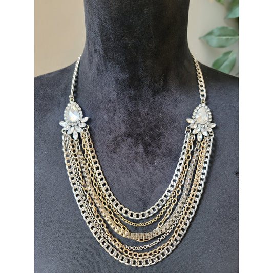 Women's Multi Layer Silver Chain Necklace With Lobster Clasp Lock And Crystals